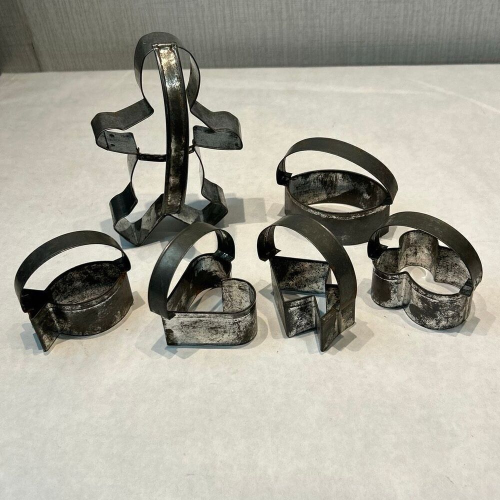 Vtg SET Aluminum Cookie Cutter w/ Handle Metal Heart Fish Mickey Mouse Arrow